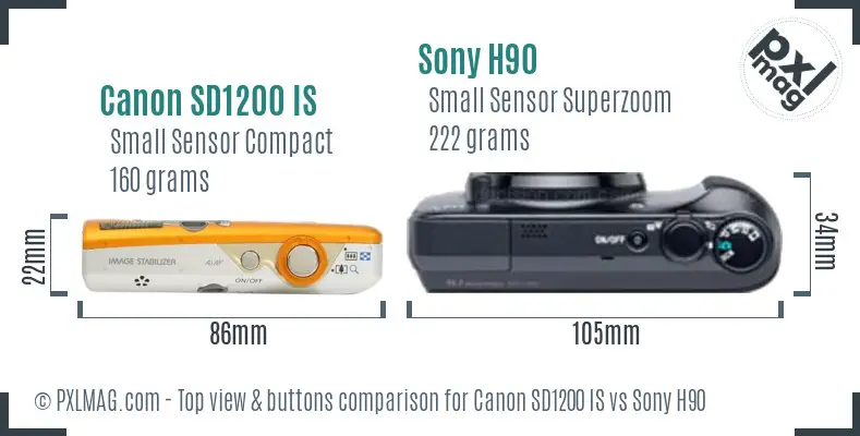 Canon SD1200 IS vs Sony H90 top view buttons comparison