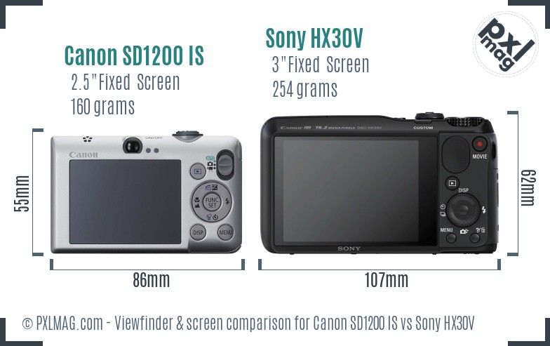 Canon SD1200 IS vs Sony HX30V Screen and Viewfinder comparison