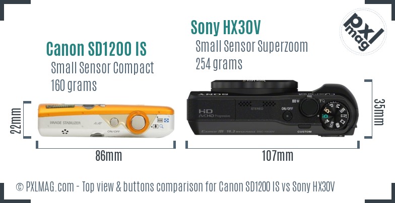 Canon SD1200 IS vs Sony HX30V top view buttons comparison
