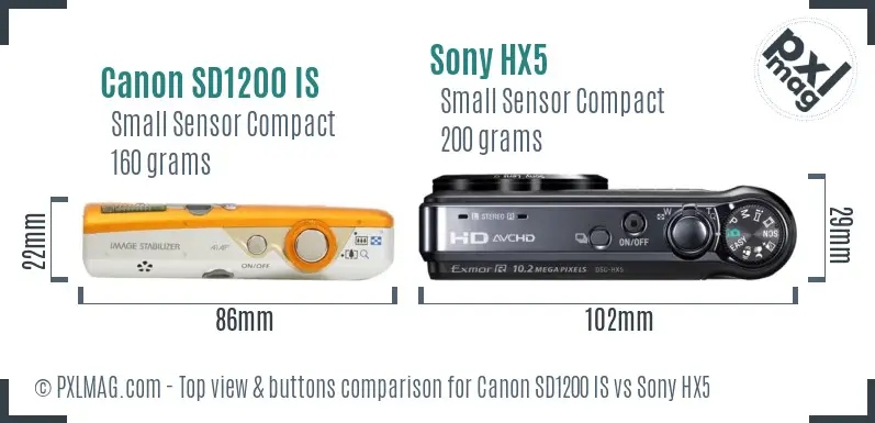 Canon SD1200 IS vs Sony HX5 top view buttons comparison