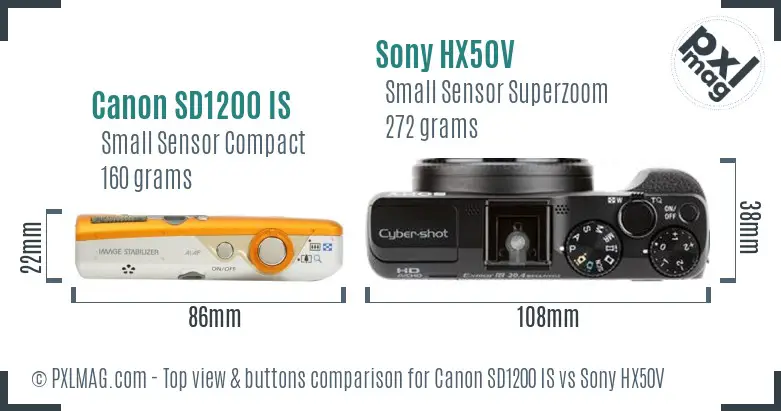 Canon SD1200 IS vs Sony HX50V top view buttons comparison Canon SD1200 IS vs Sony HX50V top view buttons comparison