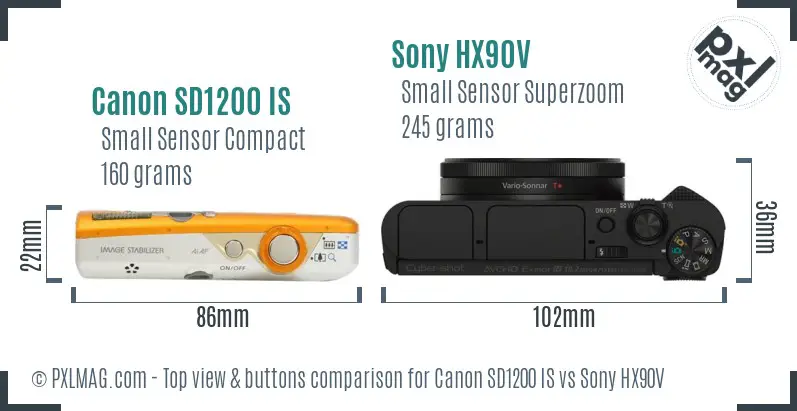Canon SD1200 IS vs Sony HX90V top view buttons comparison Canon SD1200 IS vs Sony HX90V top view buttons comparison