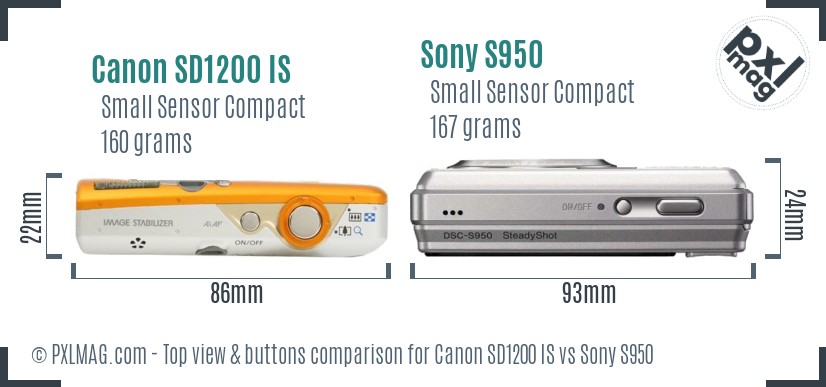 Canon SD1200 IS vs Sony S950 top view buttons comparison