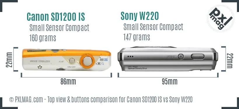 Canon SD1200 IS vs Sony W220 top view buttons comparison Canon SD1200 IS vs Sony W220 top view buttons comparison