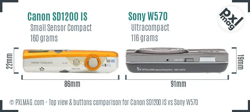 Canon SD1200 IS vs Sony W570 top view buttons comparison