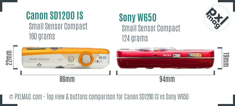 Canon SD1200 IS vs Sony W650 top view buttons comparison Canon SD1200 IS vs Sony W650 top view buttons comparison