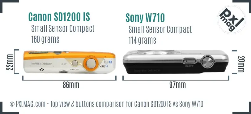 Canon SD1200 IS vs Sony W710 top view buttons comparison