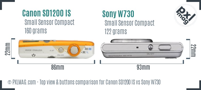 Canon SD1200 IS vs Sony W730 top view buttons comparison