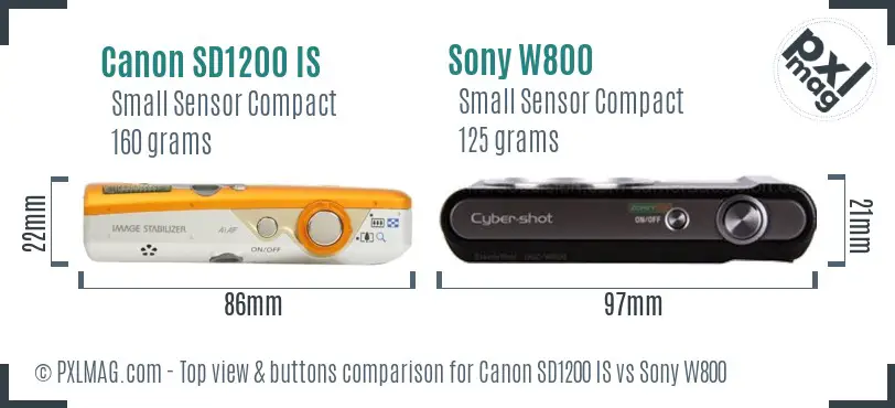 Canon SD1200 IS vs Sony W800 top view buttons comparison Canon SD1200 IS vs Sony W800 top view buttons comparison