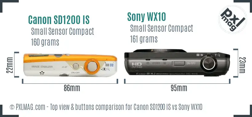 Canon SD1200 IS vs Sony WX10 top view buttons comparison
