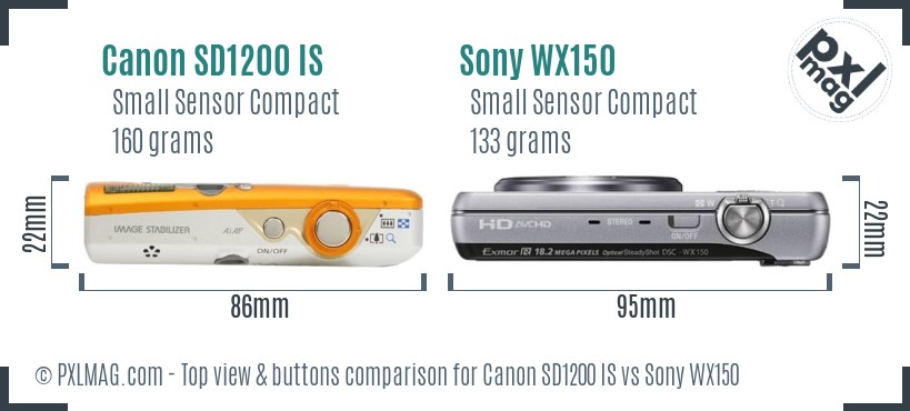 Canon SD1200 IS vs Sony WX150 top view buttons comparison