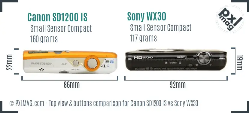 Canon SD1200 IS vs Sony WX30 top view buttons comparison Canon SD1200 IS vs Sony WX30 top view buttons comparison