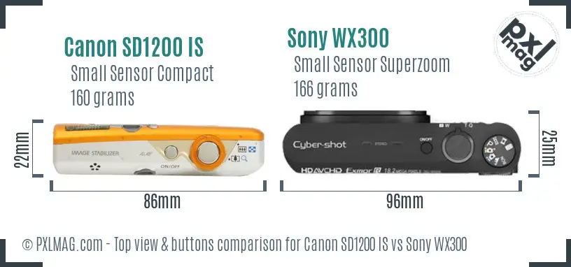 Canon SD1200 IS vs Sony WX300 top view buttons comparison