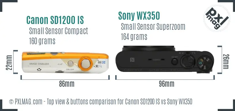 Canon SD1200 IS vs Sony WX350 top view buttons comparison