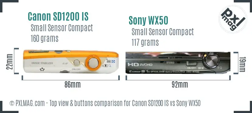 Canon SD1200 IS vs Sony WX50 top view buttons comparison Canon SD1200 IS vs Sony WX50 top view buttons comparison