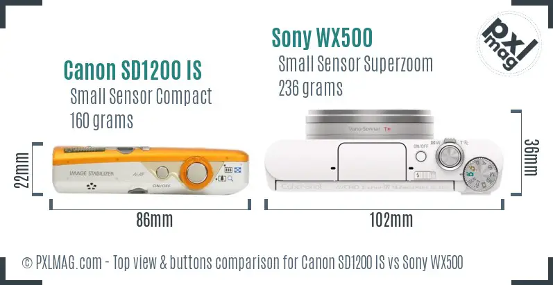 Canon SD1200 IS vs Sony WX500 top view buttons comparison