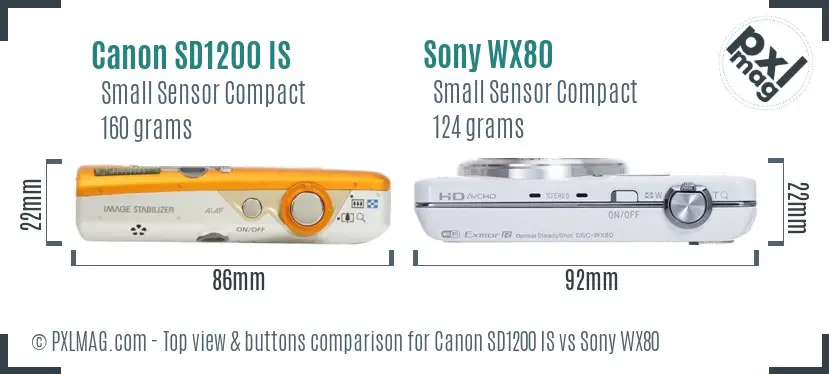 Canon SD1200 IS vs Sony WX80 top view buttons comparison