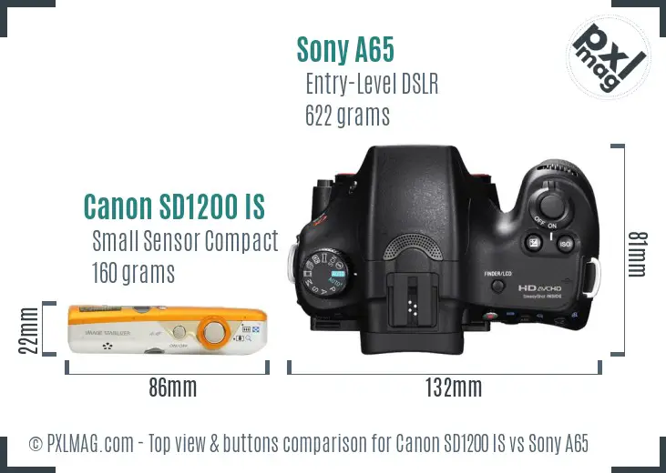 Canon SD1200 IS vs Sony A65 top view buttons comparison