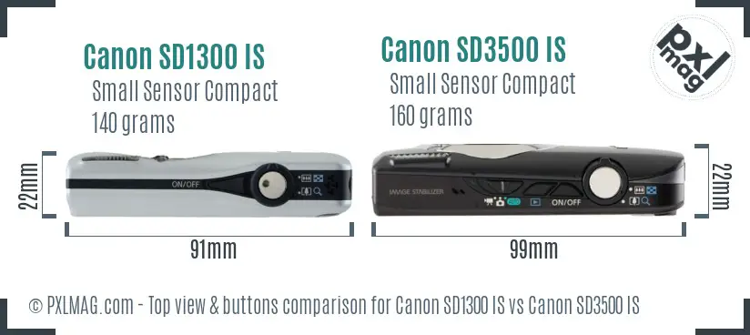 Canon SD1300 IS vs Canon SD3500 IS top view buttons comparison