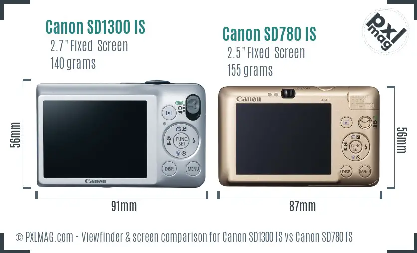 Canon SD1300 IS vs Canon SD780 IS Screen and Viewfinder comparison