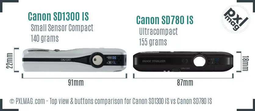 Canon SD1300 IS vs Canon SD780 IS top view buttons comparison