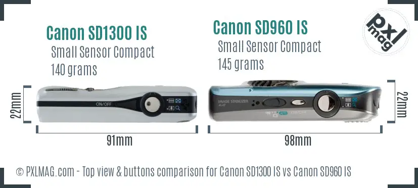 Canon SD1300 IS vs Canon SD960 IS top view buttons comparison