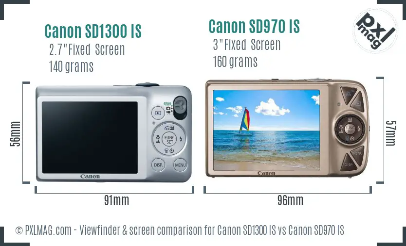 Canon SD1300 IS vs Canon SD970 IS Screen and Viewfinder comparison