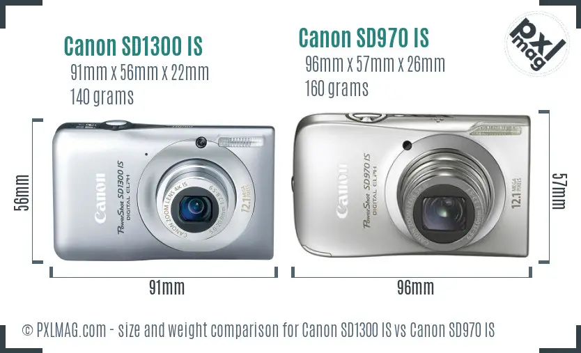 Canon SD1300 IS vs Canon SD970 IS size comparison