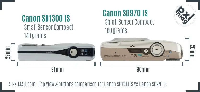 Canon SD1300 IS vs Canon SD970 IS top view buttons comparison