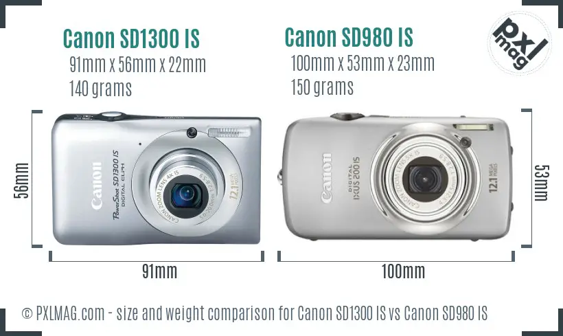 Canon SD1300 IS vs Canon SD980 IS size comparison