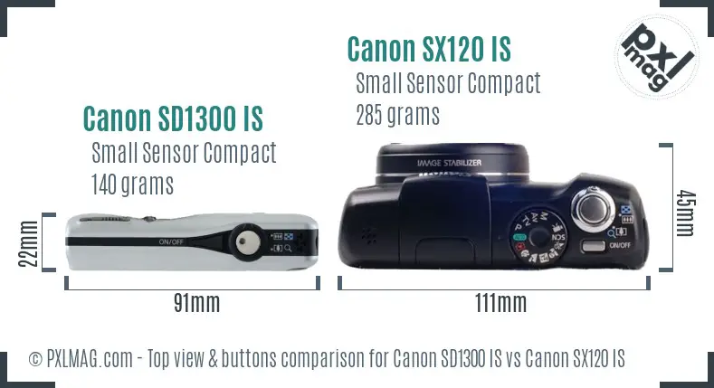 Canon SD1300 IS vs Canon SX120 IS top view buttons comparison