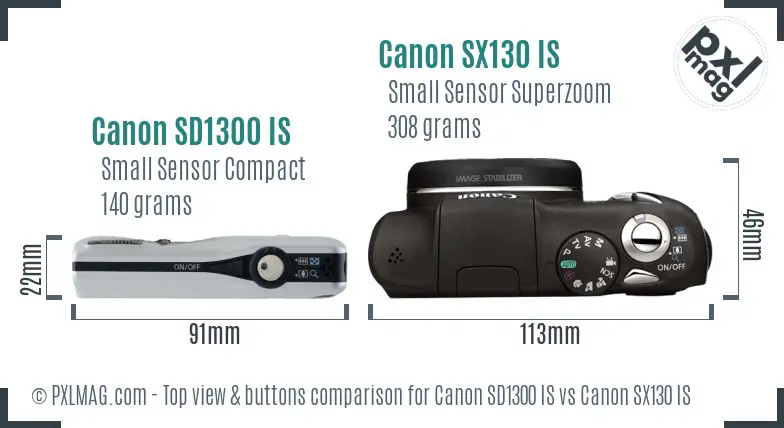 Canon SD1300 IS vs Canon SX130 IS top view buttons comparison