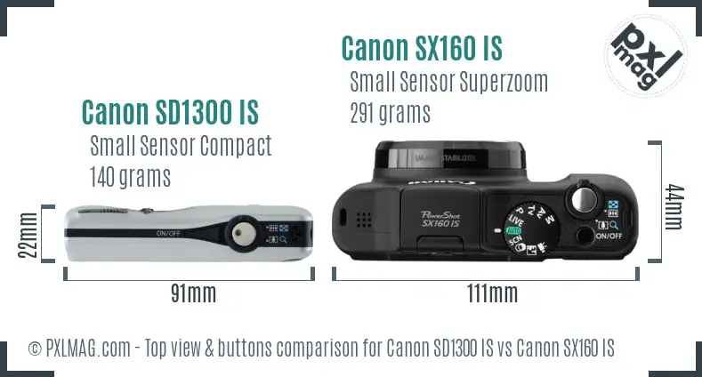 Canon SD1300 IS vs Canon SX160 IS top view buttons comparison