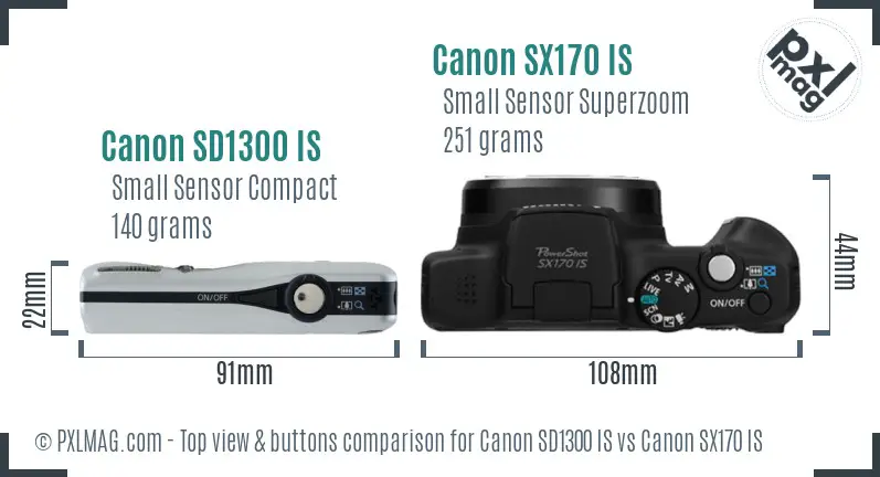 Canon SD1300 IS vs Canon SX170 IS top view buttons comparison