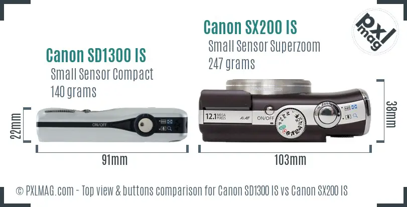 Canon SD1300 IS vs Canon SX200 IS top view buttons comparison