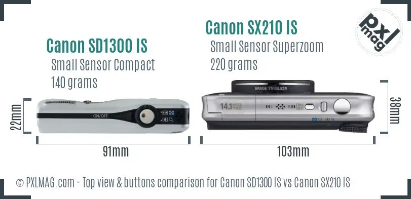 Canon SD1300 IS vs Canon SX210 IS top view buttons comparison
