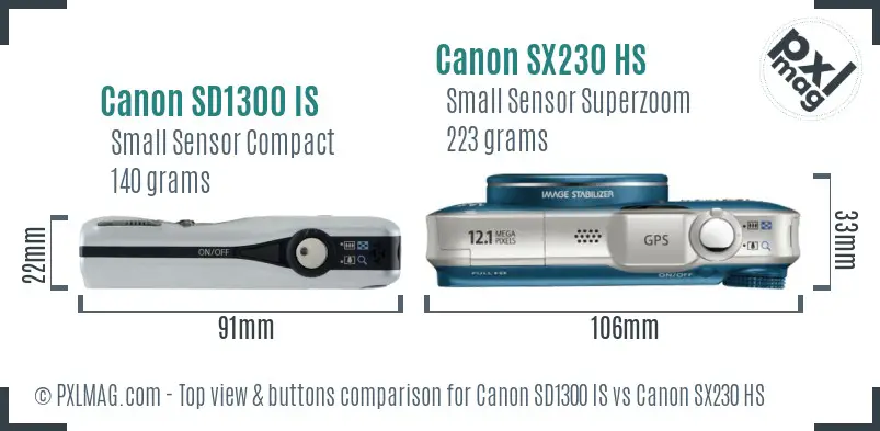 Canon SD1300 IS vs Canon SX230 HS top view buttons comparison