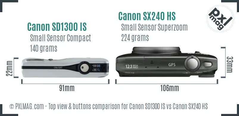 Canon SD1300 IS vs Canon SX240 HS top view buttons comparison