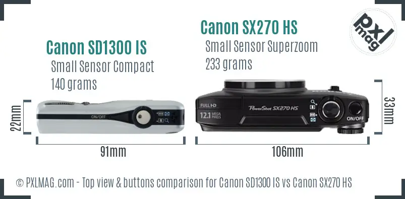 Canon SD1300 IS vs Canon SX270 HS top view buttons comparison