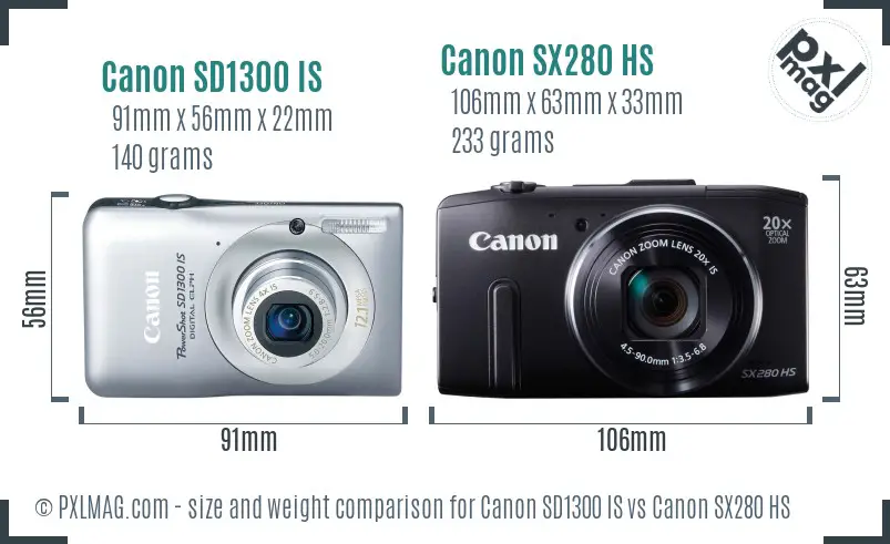 Canon SD1300 IS vs Canon SX280 HS size comparison