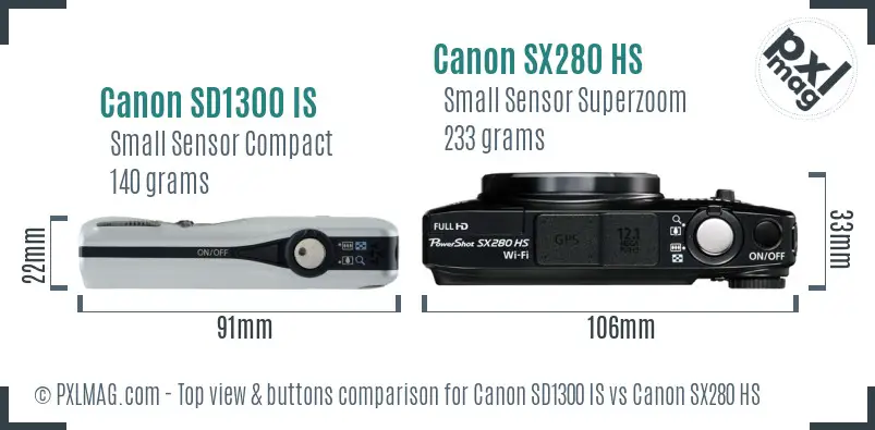 Canon SD1300 IS vs Canon SX280 HS top view buttons comparison