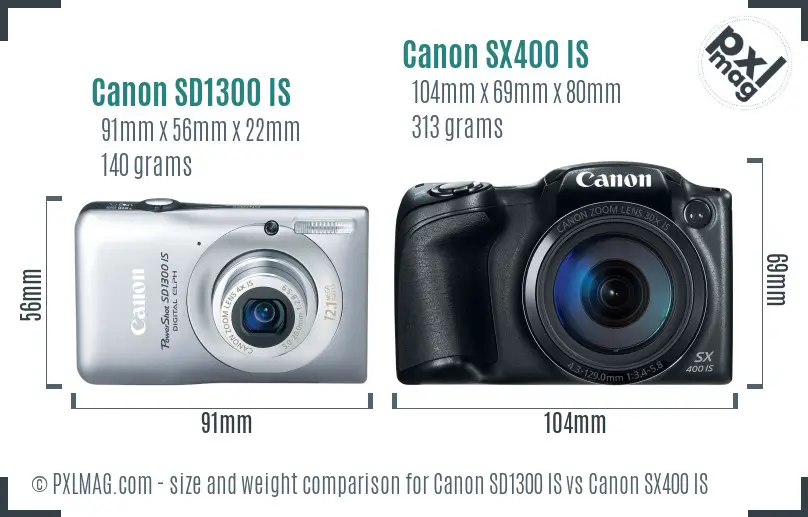 Canon SD1300 IS vs Canon SX400 IS size comparison