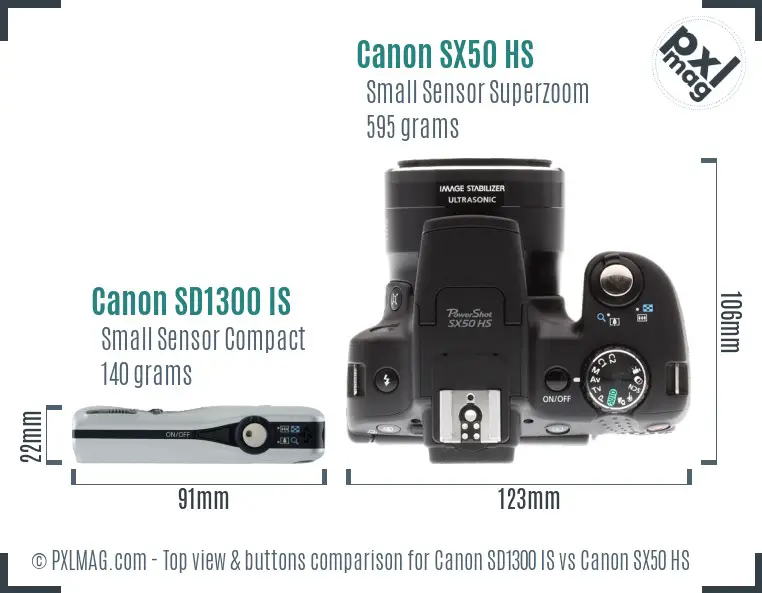 Canon SD1300 IS vs Canon SX50 HS top view buttons comparison