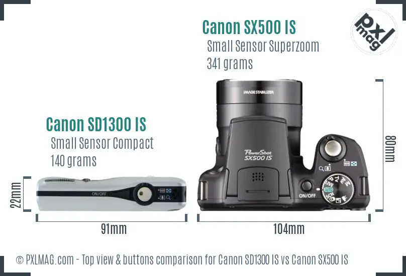 Canon SD1300 IS vs Canon SX500 IS top view buttons comparison