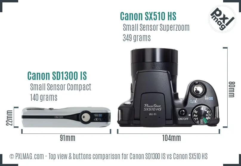 Canon SD1300 IS vs Canon SX510 HS top view buttons comparison