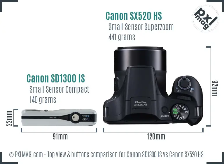 Canon SD1300 IS vs Canon SX520 HS top view buttons comparison