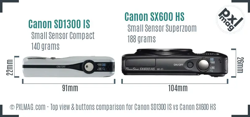 Canon SD1300 IS vs Canon SX600 HS top view buttons comparison