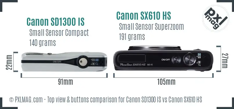 Canon SD1300 IS vs Canon SX610 HS top view buttons comparison