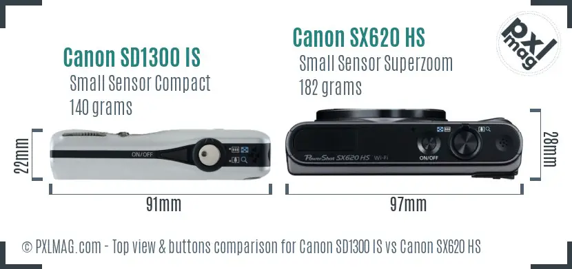 Canon SD1300 IS vs Canon SX620 HS top view buttons comparison