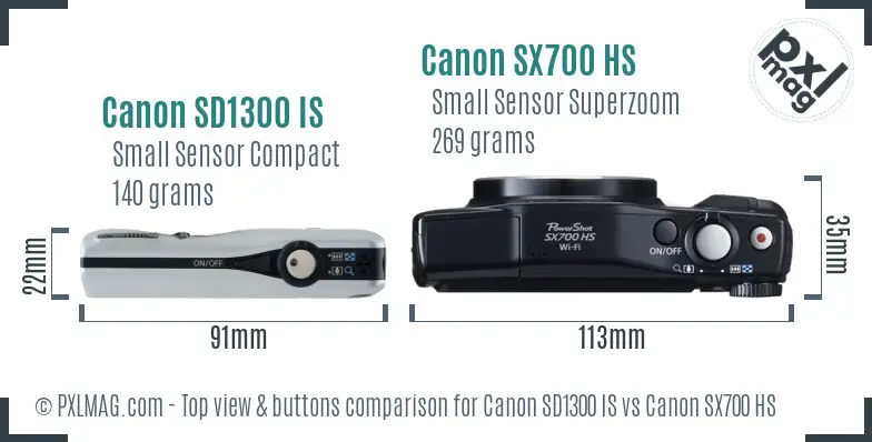 Canon SD1300 IS vs Canon SX700 HS top view buttons comparison
